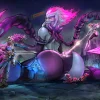 Evelynn as a giantess crushing minions and mid-lane tower in Summoner’s Rift while Lux and Garen try to stop her.
