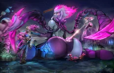 Evelynn as a giantess crushing minions and mid-lane tower in Summoner’s Rift while Lux and Garen try to stop her.
