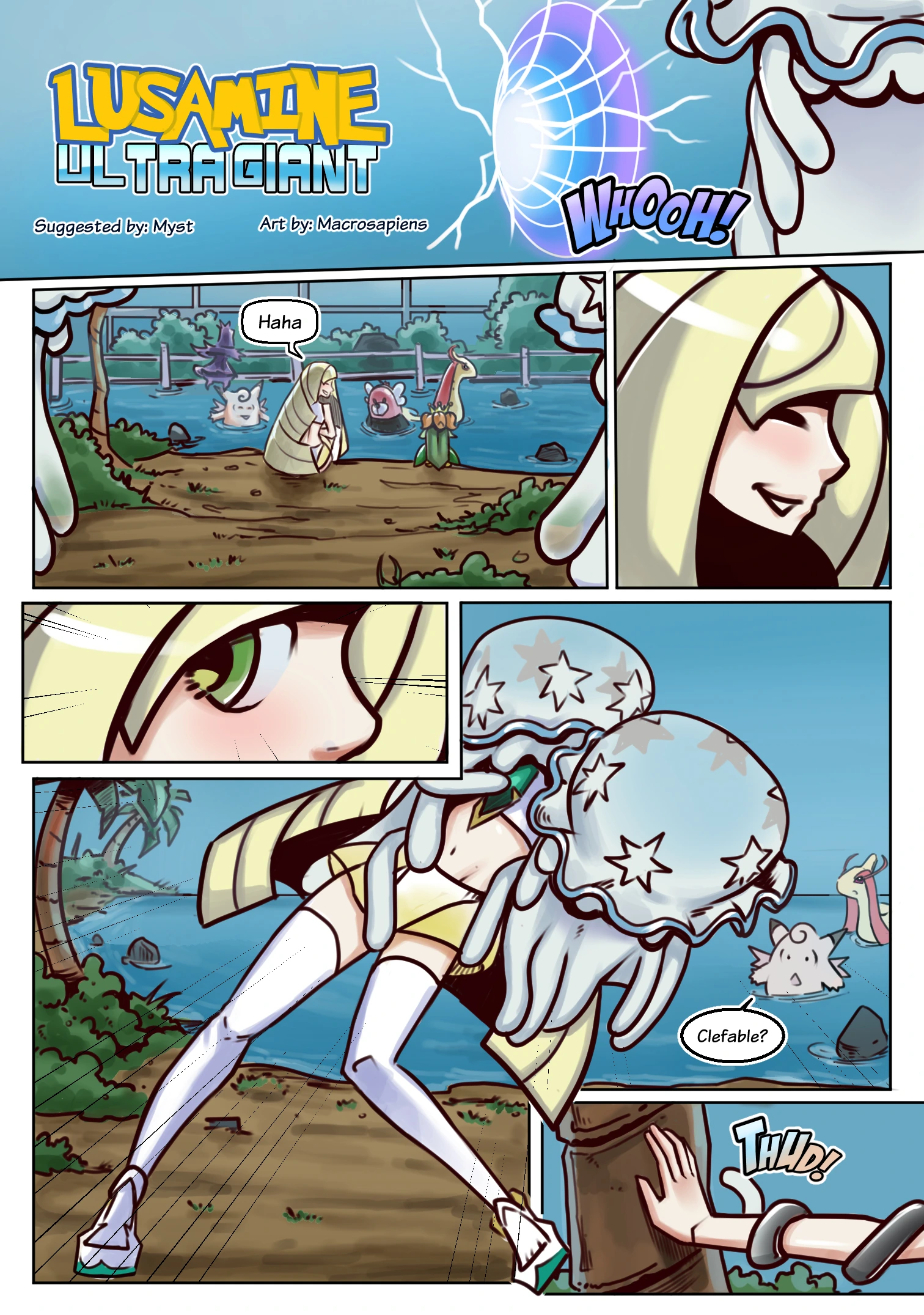 Lusamine growing into a massive giantess after a Nihilego encounter in this Pokémon-themed giantess comic.