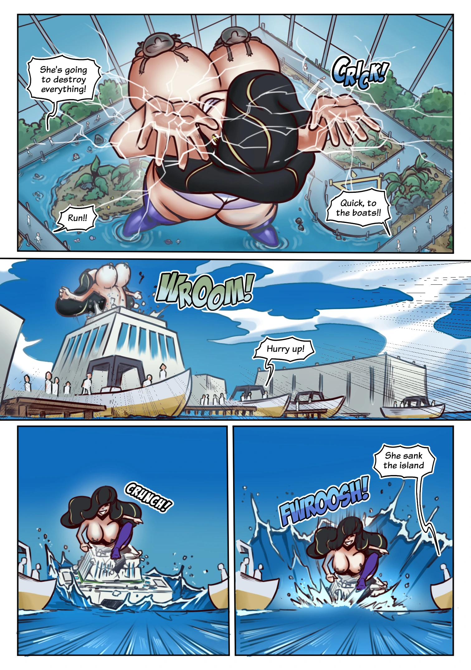 Lusamine growing into a massive giantess after a Nihilego encounter in this Pokémon-themed giantess comic.