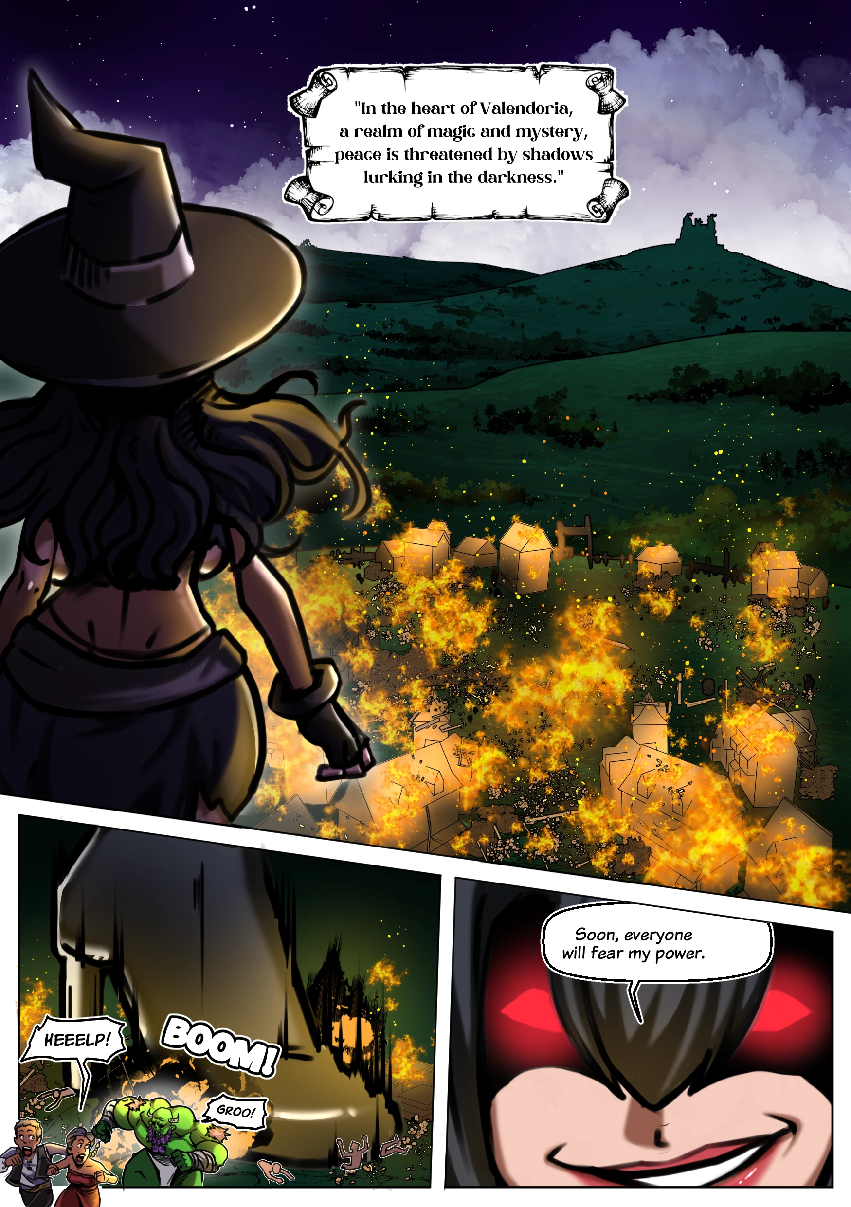 Valendoria’s Destiny giantess comic featuring Meeralia, a sorceress using giantess growth magic to fight against a kingdom’s purge of magic users