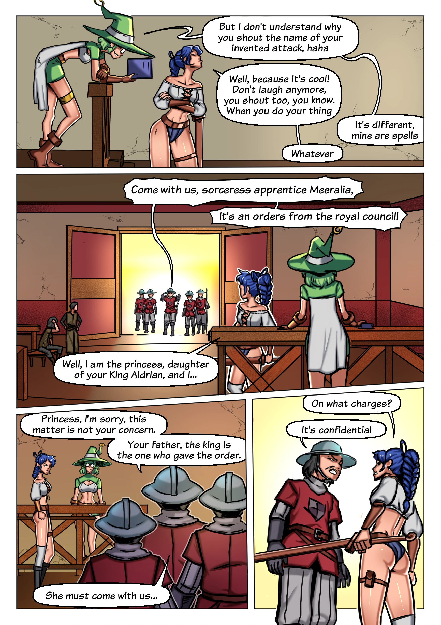 Valendoria’s Destiny giantess comic featuring Meeralia, a sorceress using giantess growth magic to fight against a kingdom’s purge of magic users