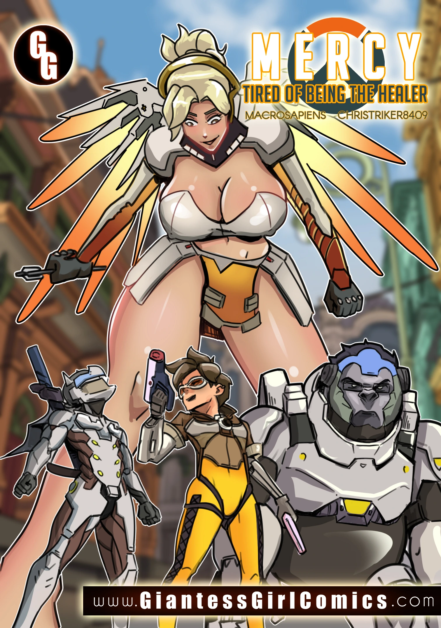 Giantess Mercy prepared for action. Also Tracer Winston and Genji are showed in this ocmic.