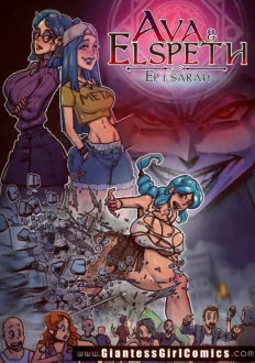 Ava and Elspeth are posing, whilke Quirkle smiles in the back, and Giantess Sarah destroys the city