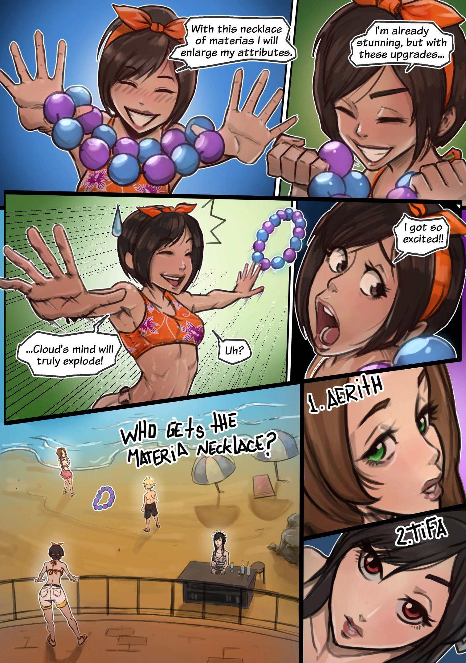 Yuffie is excited with a necklace of materia. But she thows it by accident. Who will get the necklace Aerith or Tifa?