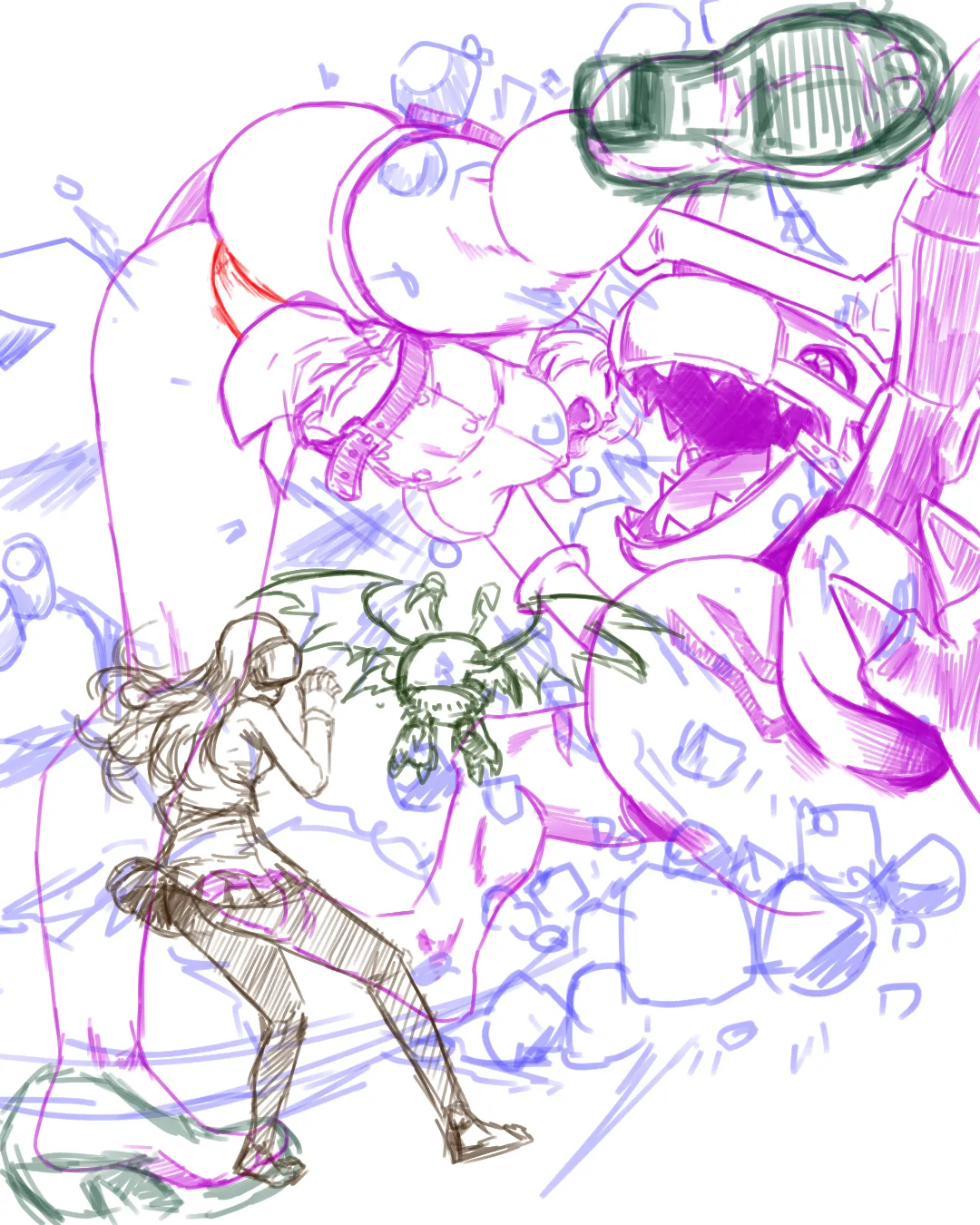 Sketch of giantess Kanan fighting against Metalgreymon