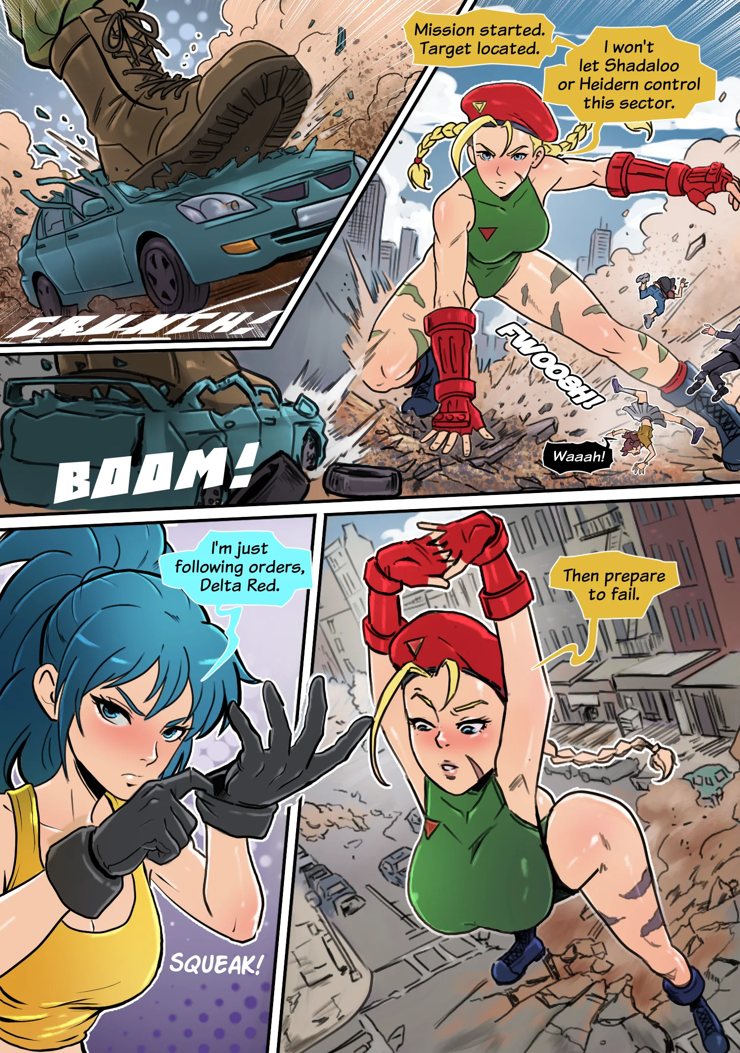 Giatess Cammy arrive and stretch, preparing to fight giantess Leona