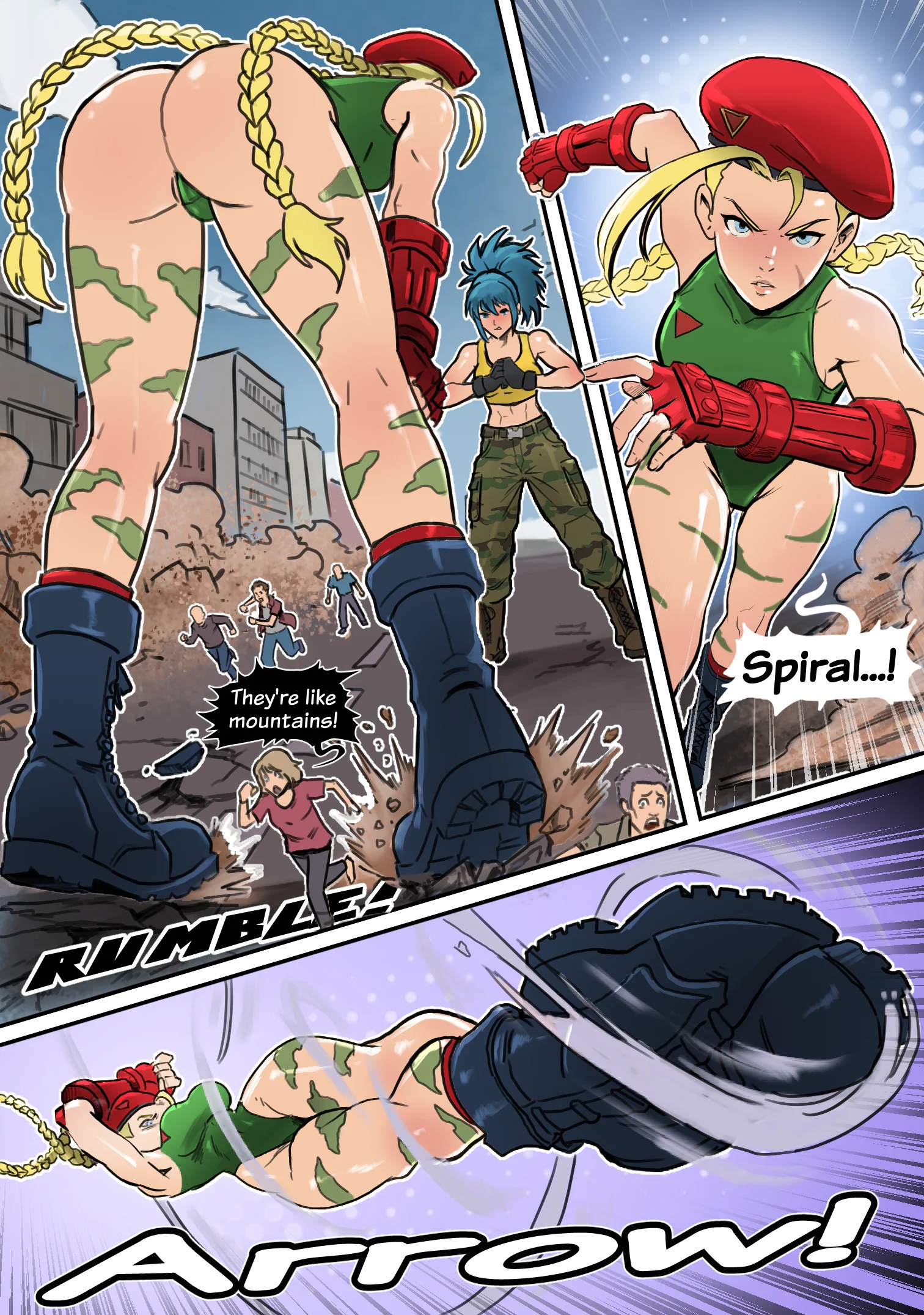 Giantess Cammy runs and jumps in a spiral kick