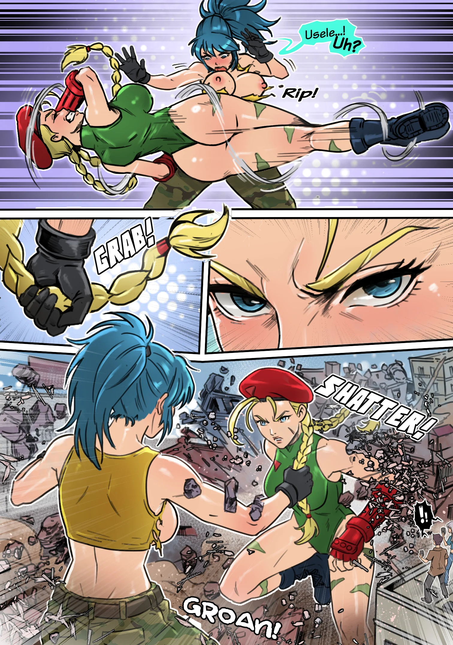 Giantess Leona dodge, but her shirt rips and she grabs Giantess Cammy ponytail