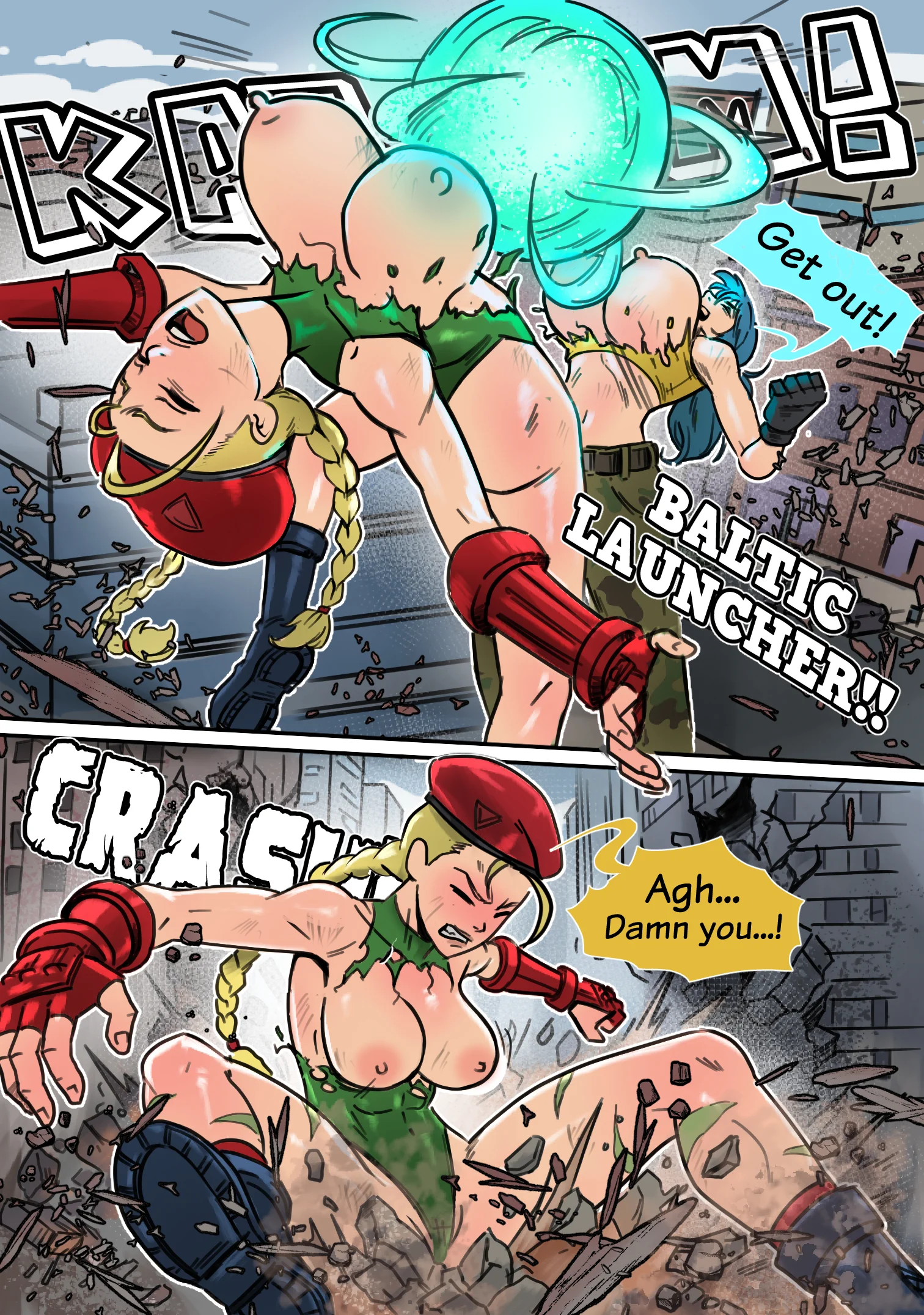 Giantess Leona makes an explosion that send Cammy flew away ans striles a building