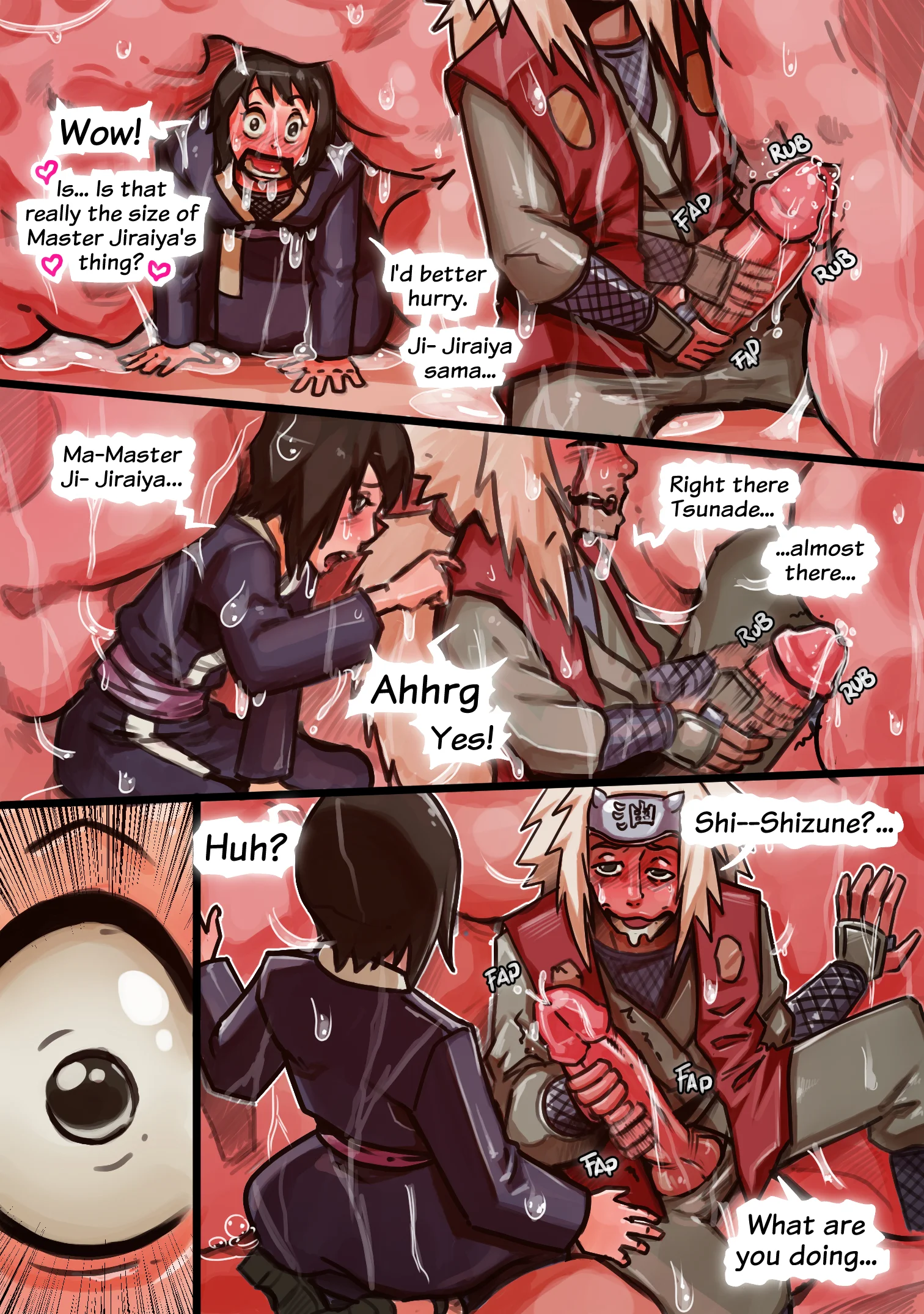 Shizune admires the big dick of Jiraiya who is really close to cum all overTsunade. But shizune interrupts him.