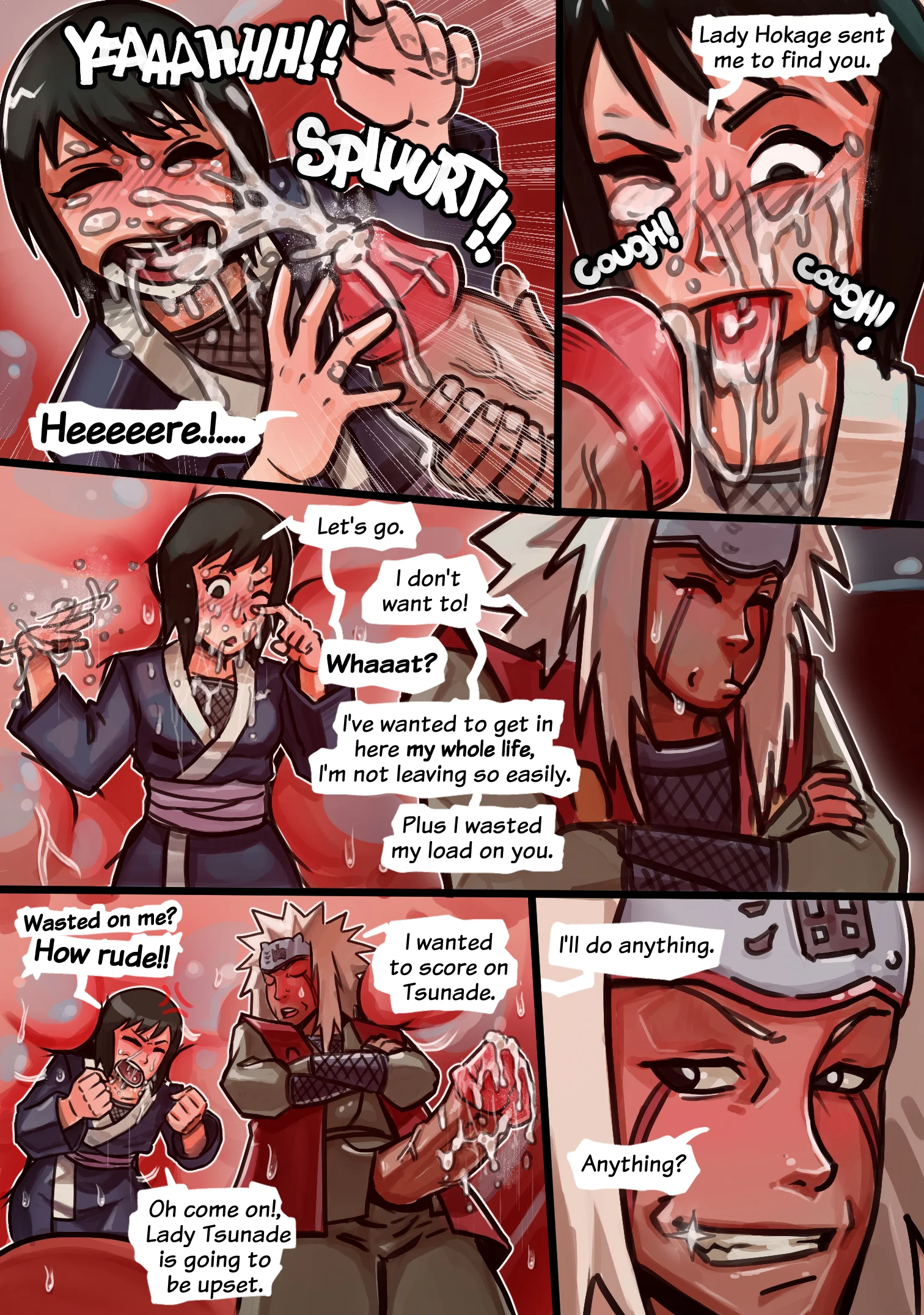 Jiraiya cums all over Shizune's face and mouth. While Shizune tries to convince the old man to go out.
